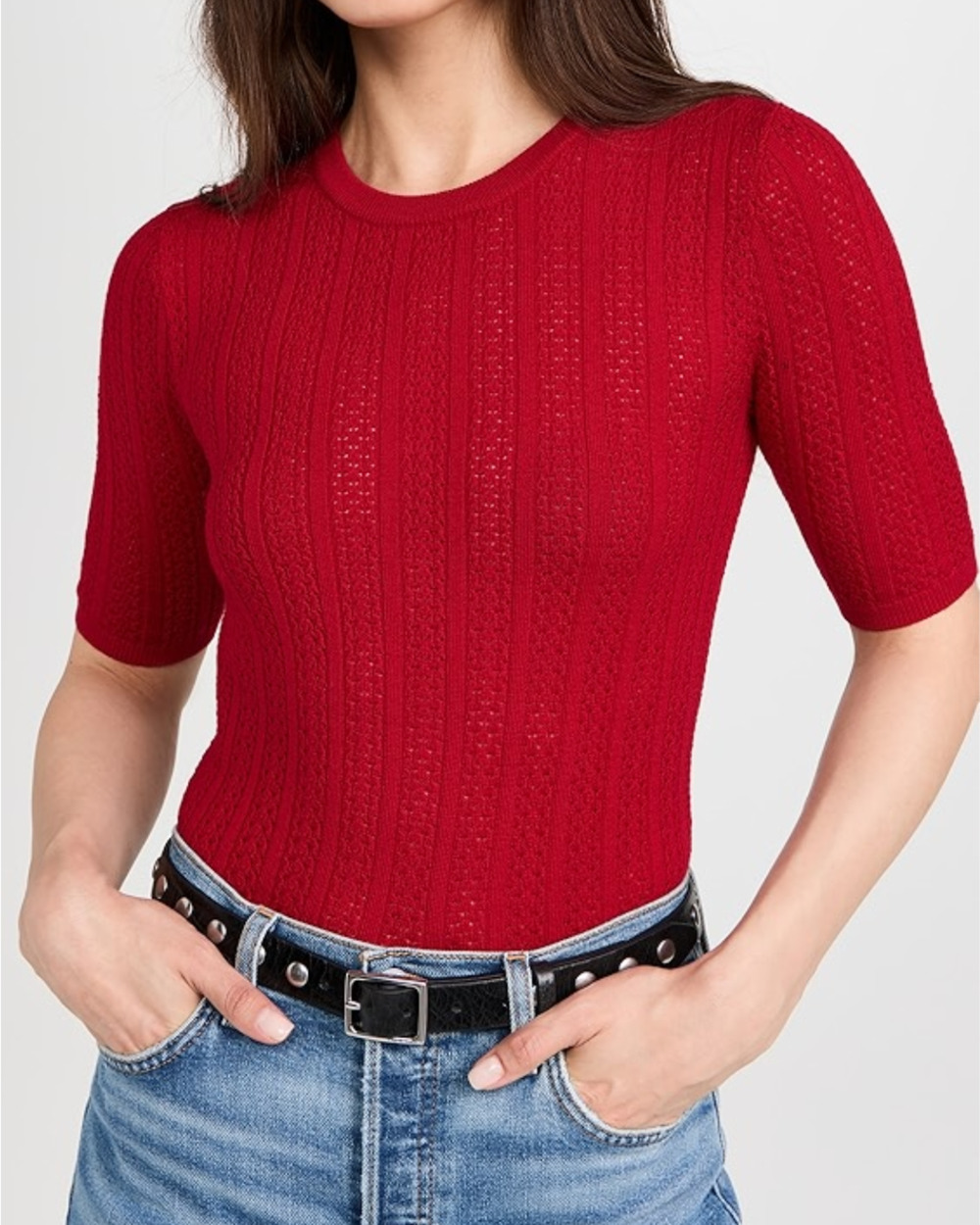 Rag & Bone Tina Sweater Merino Wool Pointelle Knit Short Sleeves Red Size XS